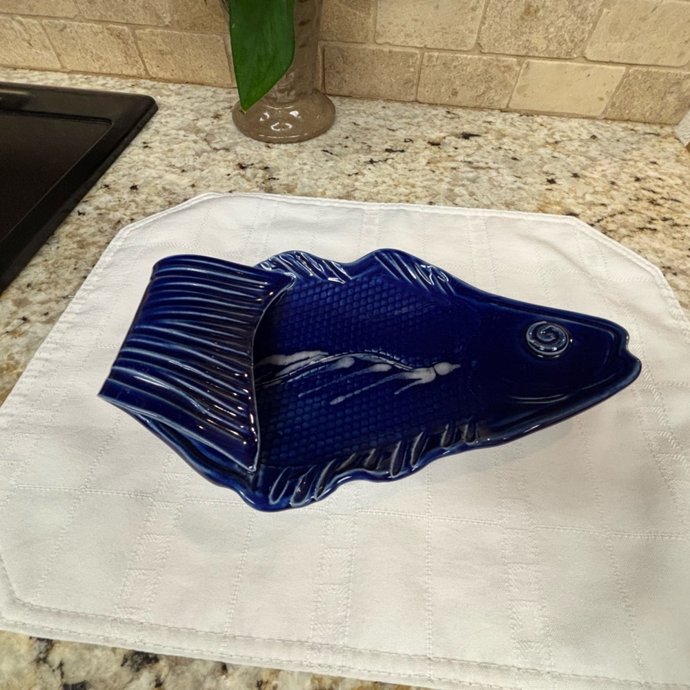 Vintage Fish Platter / Trinket Cobalt Blue Artist Signed Pottery